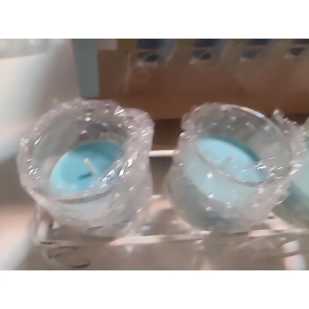 New Pier 1 Imports 5 Filled Candle Set  Marine Breeze Votive Metal Stand Blue